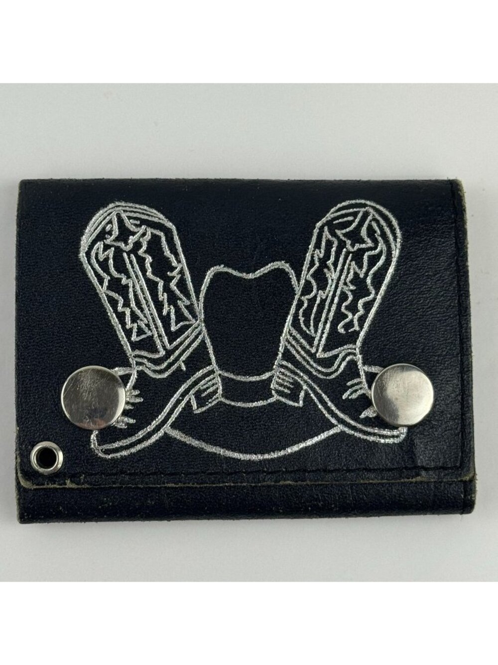 Black Leather Tri-Fold Wallet Western Cowboy Hat Boots Snap Closure Made In USA